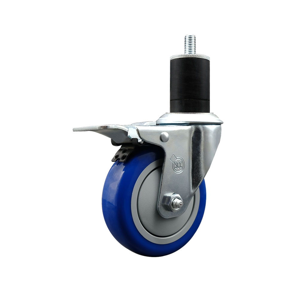 SCC-SSEXTTL20S414-PPUB-BLUE-134 Stainless Steel Polyurethane Expanding Stem Swivel Caster with 4 in. Blue Wheel & 1.75 in. Stem & Total Locking Brake