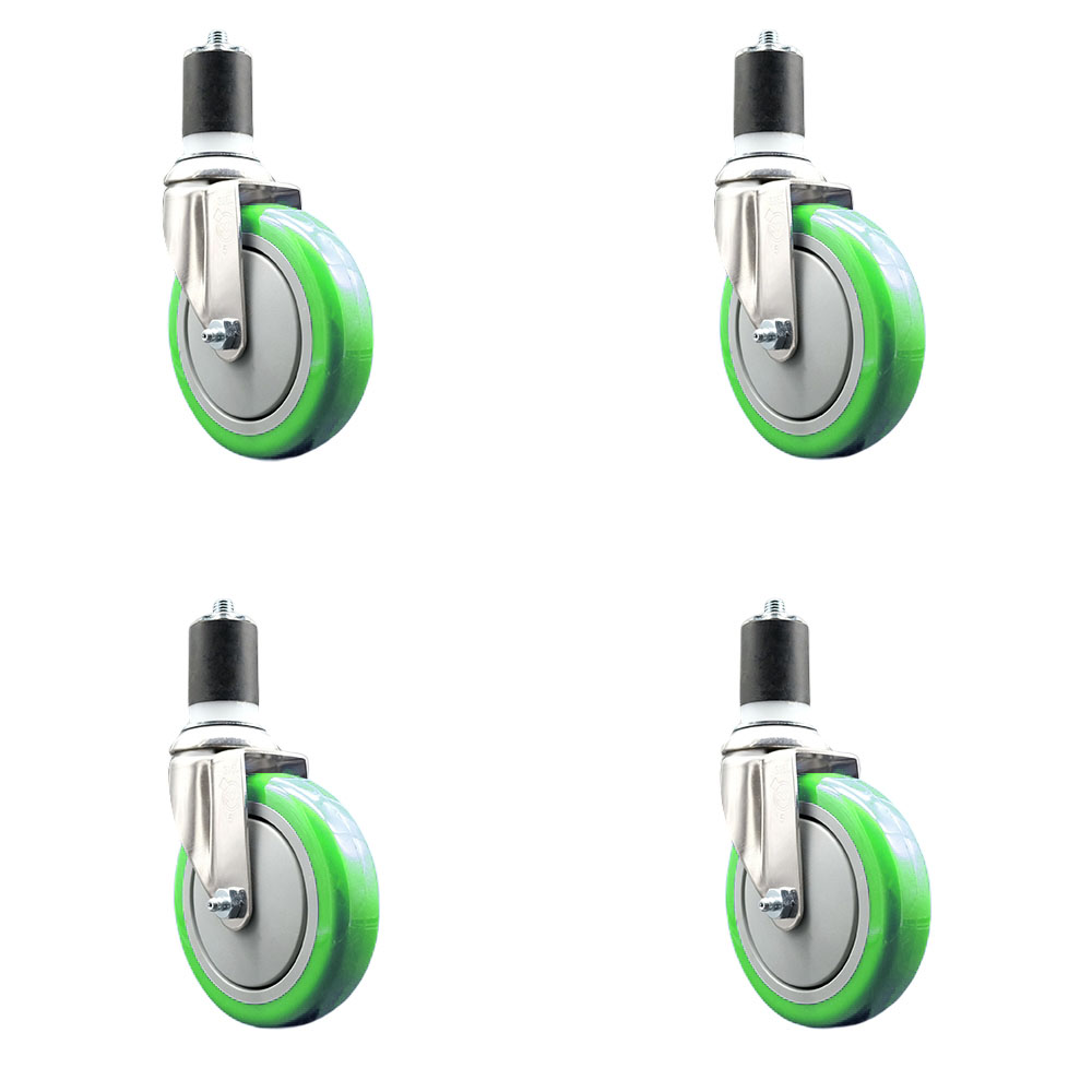 Polyurethane Swivel Stem Caster with 5 in. Green Caster Wheels, 1.75 in. Expanding Stems - 316 Stainless Steel Casters - Set of 4
