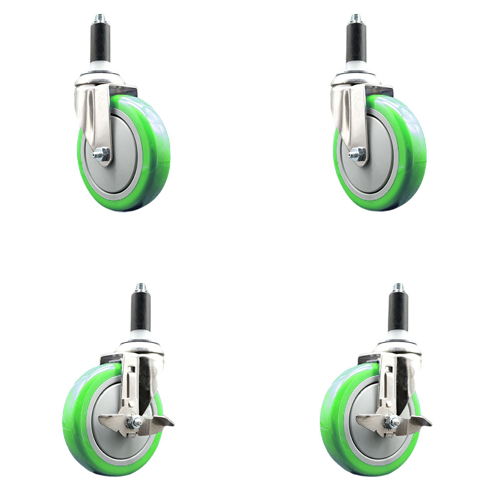Polyurethane Swivel Stem Caster with 5 in. Green Caster Wheels, 1 in. Expanding Stems - 316 Stainless Steel Casters - Set of 4