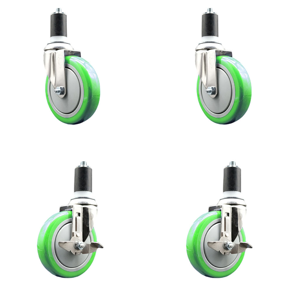 Polyurethane Swivel Stem Caster with 5 in. Green Caster Wheels, 1.63 in. Expanding Stems - 316 Stainless Steel Casters - Set of 4