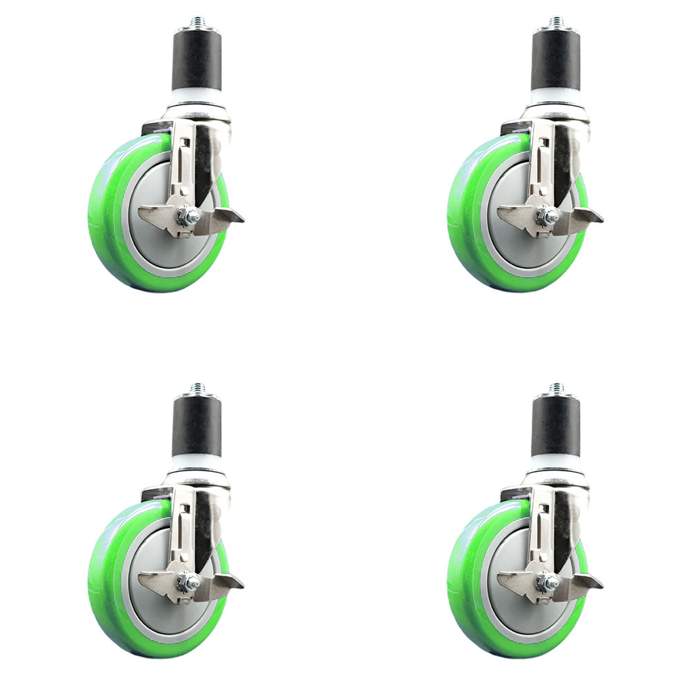 Polyurethane Swivel Stem Caster with 5 in. Green Caster Wheels, 1.75 in. Expanding Stems - 316 Stainless Steel Casters - Set of 4