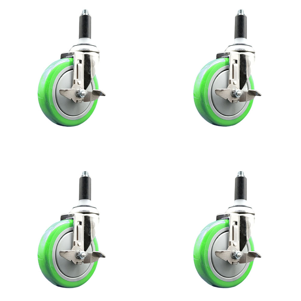 Polyurethane Swivel Stem Caster with 5 in. Green Caster Wheels, 1 in. Expanding Stems - 316 Stainless Steel Casters - Set of 4