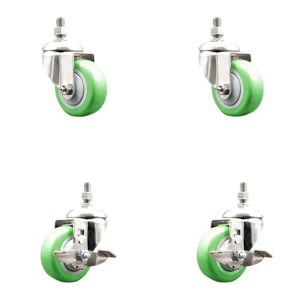Poly Swivel Stem Caster with 3 in. Green Caster Wheels, 10 mm Threaded Stems - 316 Stainless Steel Casters - Set of 4