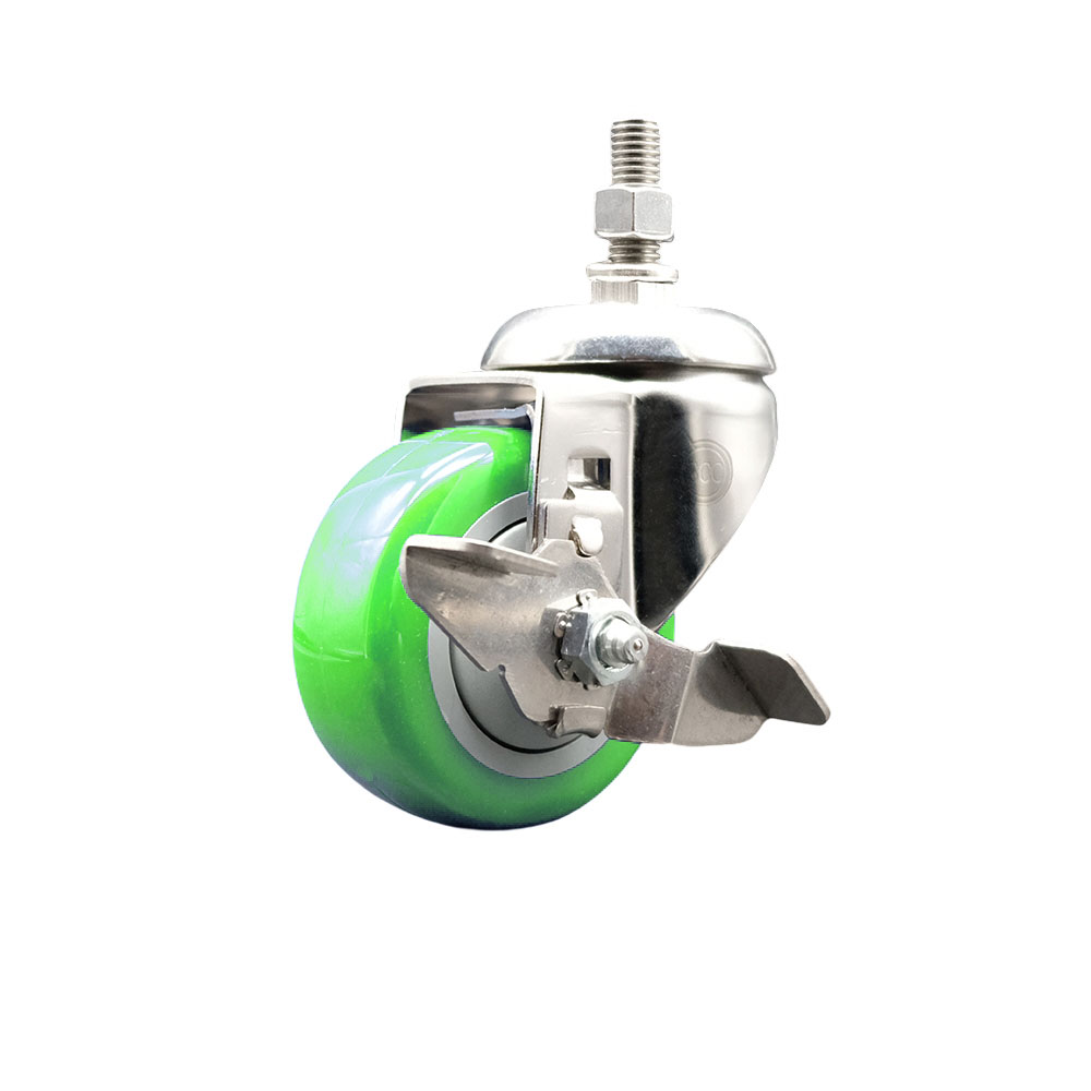 Polyurethane Swivel Stem Caster with 3 in. Green Caster Wheels & Top Lock Brake, 0.5 in. Threaded Stem - 316 Stainless Steel Caster