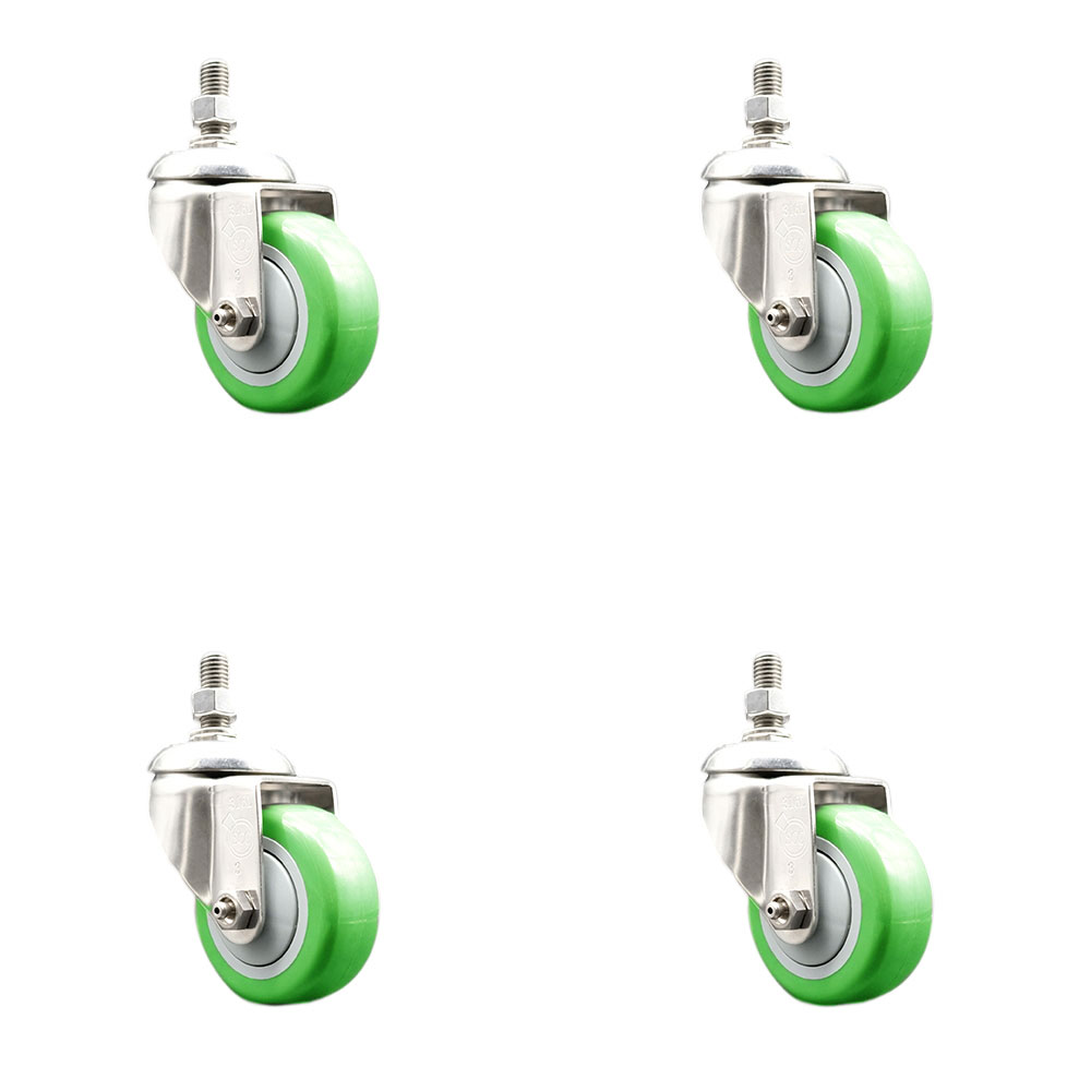 Polyurethane Swivel Stem Caster with 3.5 in. Green Caster Wheels, 12 mm Threaded Stems - 316 Stainless Steel Casters - Set of 4