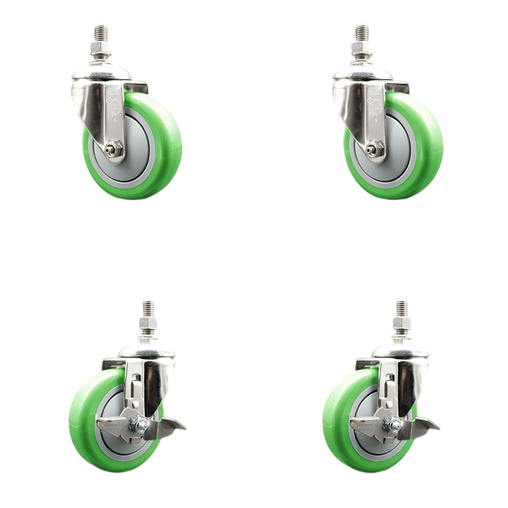 Poly Swivel Stem Caster with 4 in. Green Caster Wheels, 0.38 in. Threaded Stems - 316 Stainless Steel Casters - Set of 4
