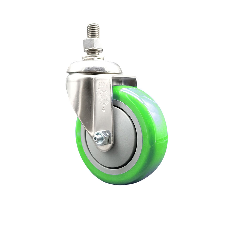 SCC-SS316TS20S414-PPUB-GRN-M1015 Polyurethane Swivel Stem Caster with 4 in. Green Caster Wheels, 10 mm Threaded Stem - 316 Stainless Steel Caster