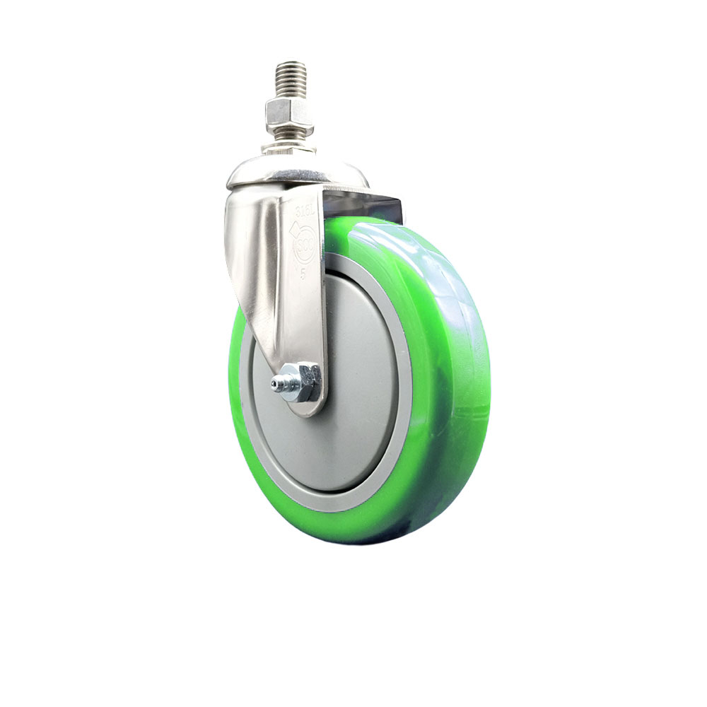 SCC-SS316TS20S514-PPUB-GRN-M1015 Polyurethane Swivel Stem Caster with 5 in. Green Caster Wheels, 10 mm Threaded Stem - 316 Stainless Steel Caster