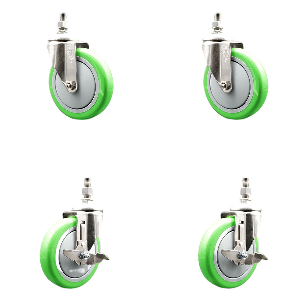 Poly Swivel Stem Caster with 5 in. Green Caster Wheels, 12 mm Threaded Stems - 316 Stainless Steel Casters - Set of 4