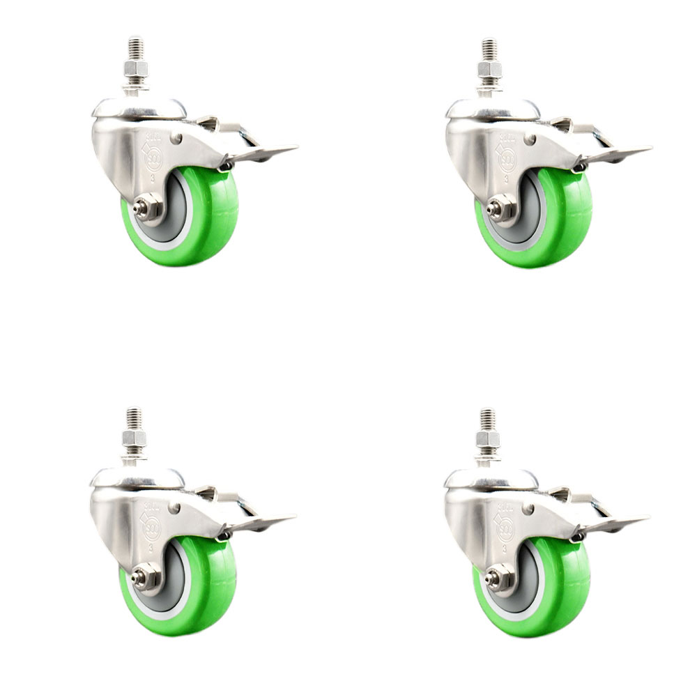 Polyurethane Swivel Stem Caster with 3 in. Green Caster Wheels, 0.38 in. Threaded Stems - 316 Stainless Steel Casters - Set of 4
