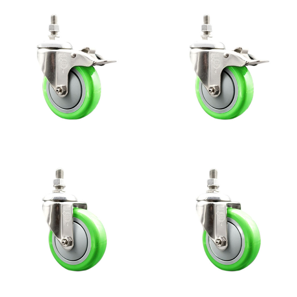 Poly Swivel Stem Caster with 4 in. Green Caster Wheels, 0.5 in. Threaded Stems - 316 Stainless Steel Casters - Set of 4