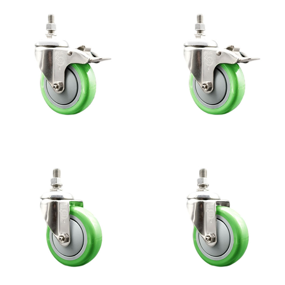 Poly Swivel Stem Caster with 4 in. Green Caster Wheels, 0.38 in. Threaded Stems - 316 Stainless Steel Casters - Set of 4