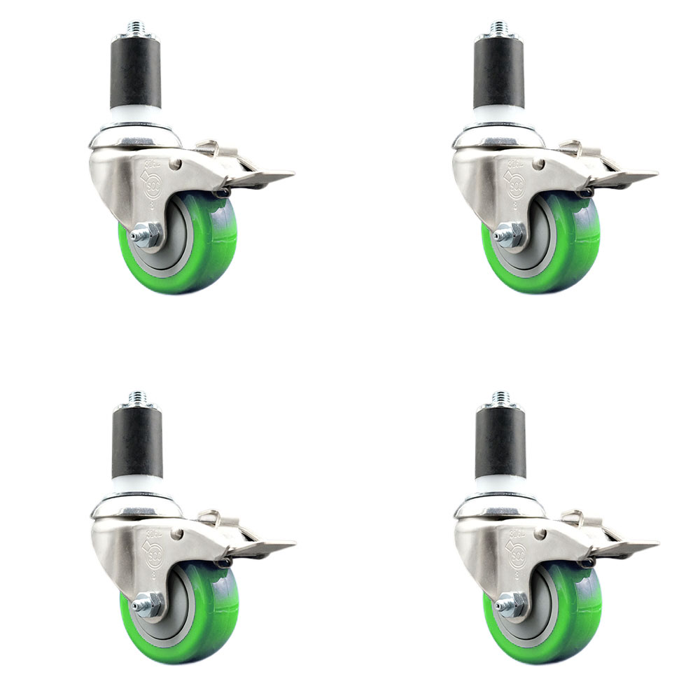 Polyurethane Swivel Stem Caster with 3 in. Green Caster Wheels, 1.63 in. Expanding Stems - 316 Stainless Steel Casters - Set of 4