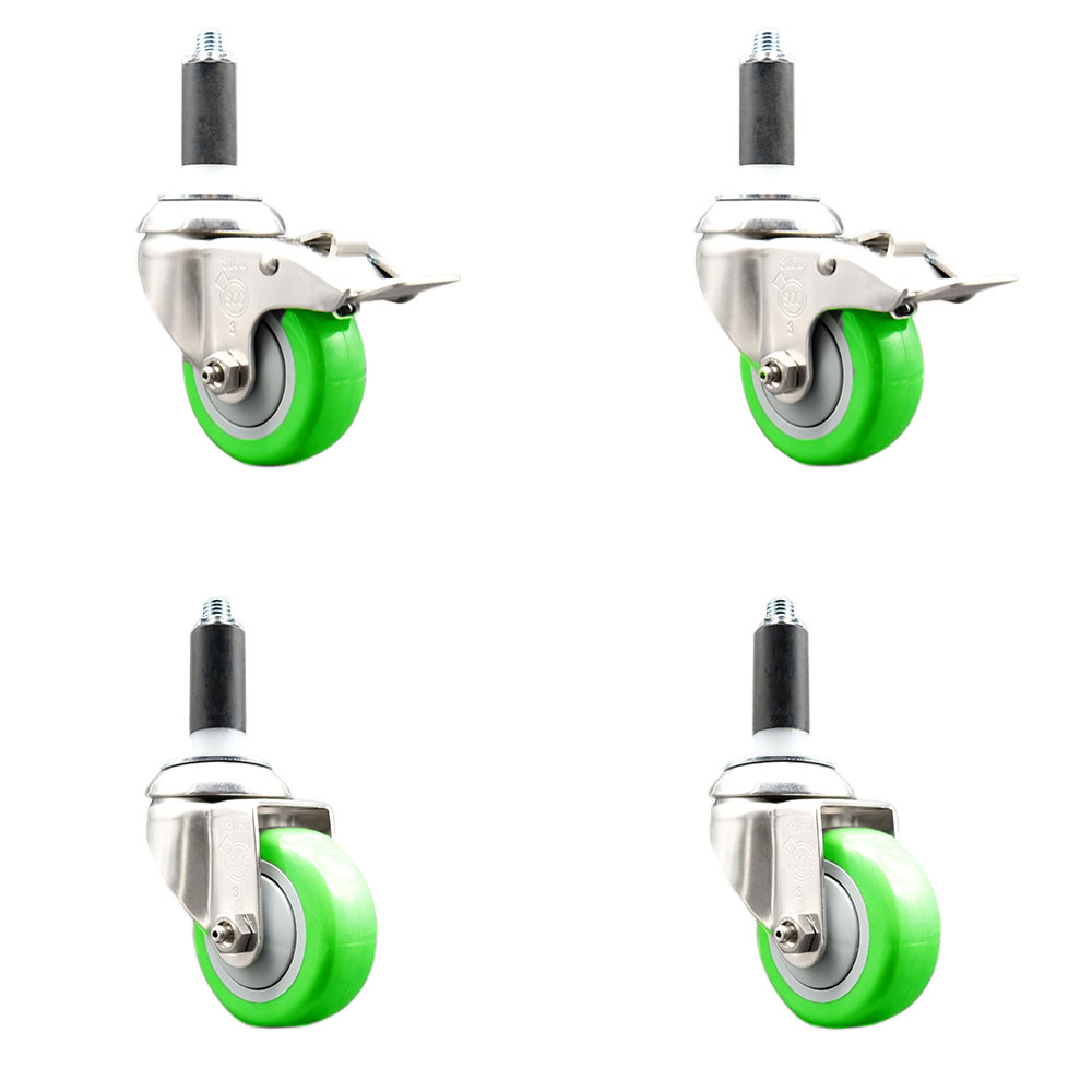 Polyurethane Swivel Stem Caster with 3.5 in. Green Caster Wheels, 1 in. Expanding Stem - 316 Stainless Steel Casters - Set of 4
