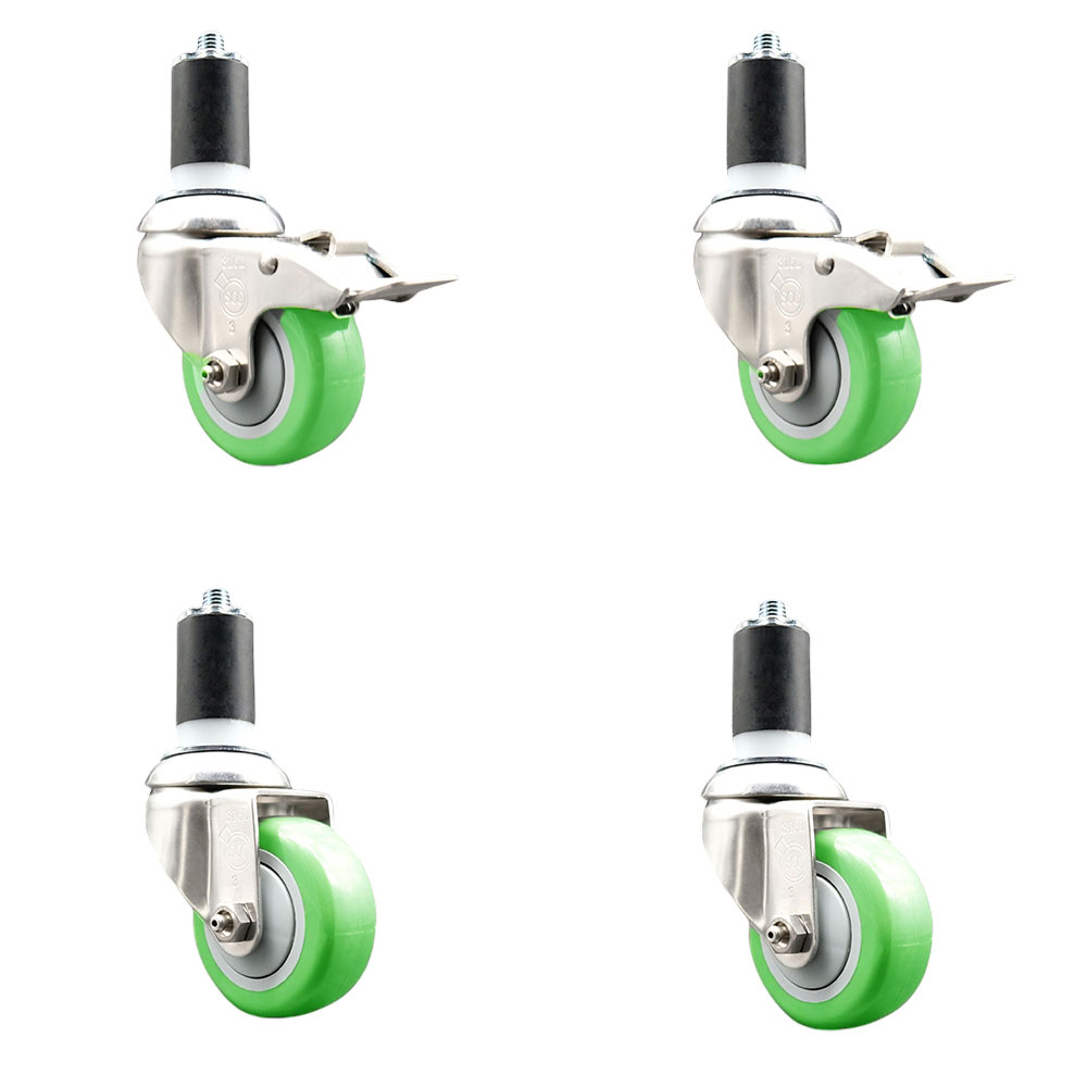 Polyurethane Swivel Stem Caster with 3.5 in. Green Caster Wheels, 1.5 in. Expanding Stem - 316 Stainless Steel Casters - Set of 4