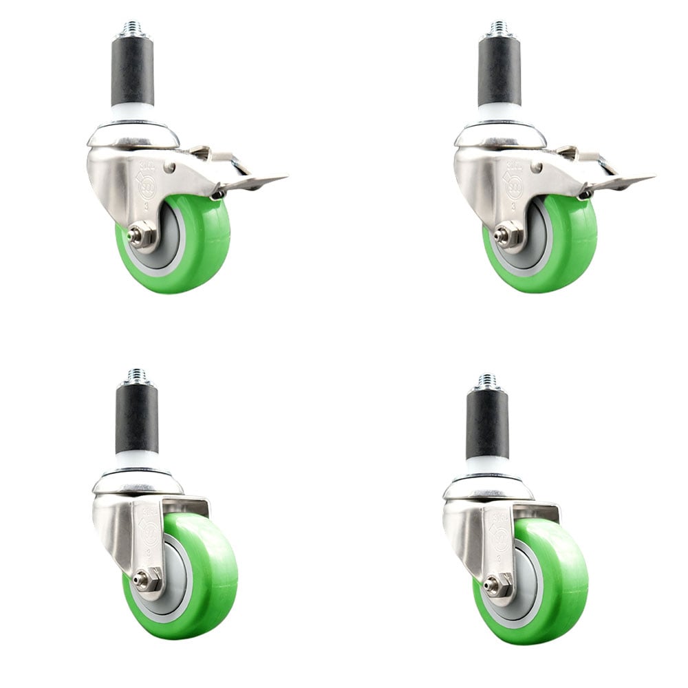 Polyurethane Swivel Stem Caster with 3.5 in. Green Caster Wheels, 1.25 in. Expanding Stem - 316 Stainless Steel Casters - Set of 4