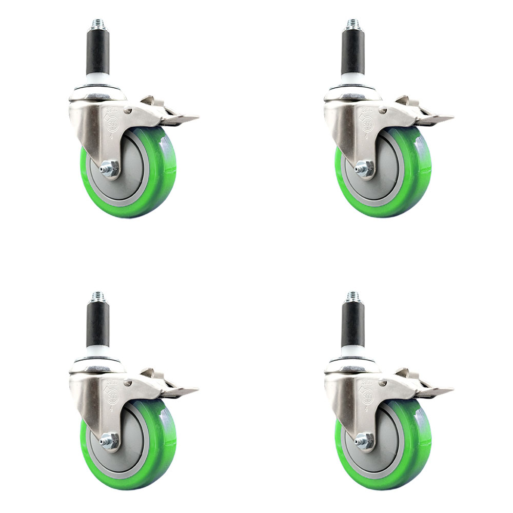 Polyurethane Swivel Stem Caster with 4 in. Green Caster Wheels, 1.13 in. Expanding Stems - 316 Stainless Steel Casters - Set of 4