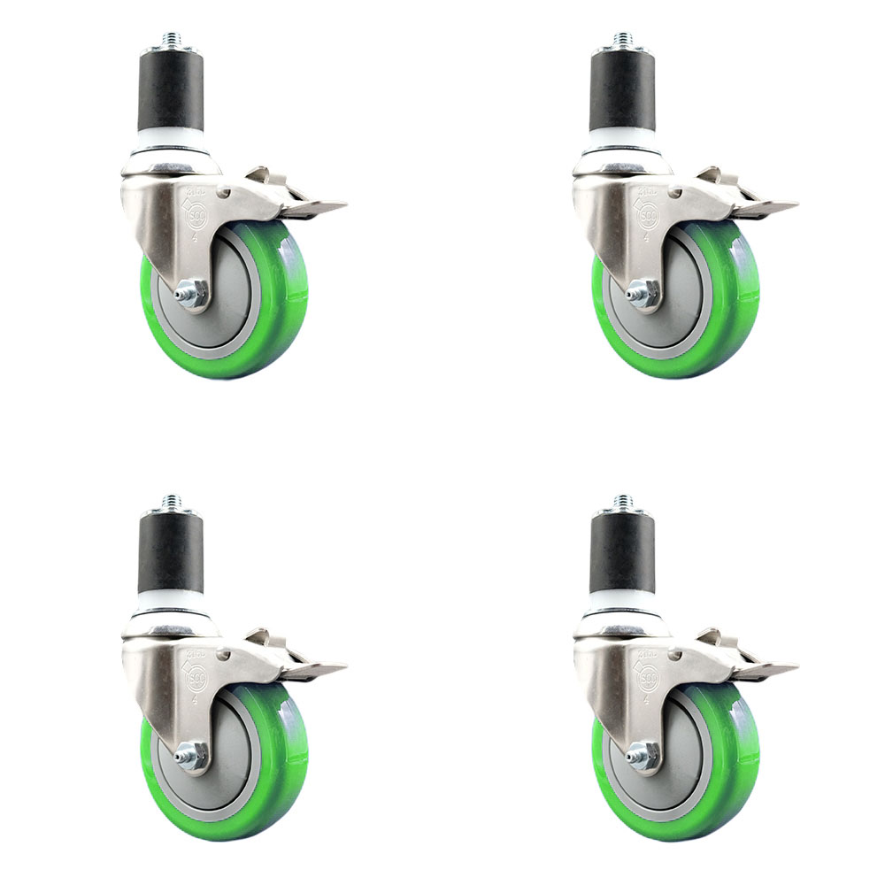 Polyurethane Swivel Stem Caster with 4 in. Green Caster Wheels, 1.87 in. Expanding Stems - 316 Stainless Steel Casters - Set of 4