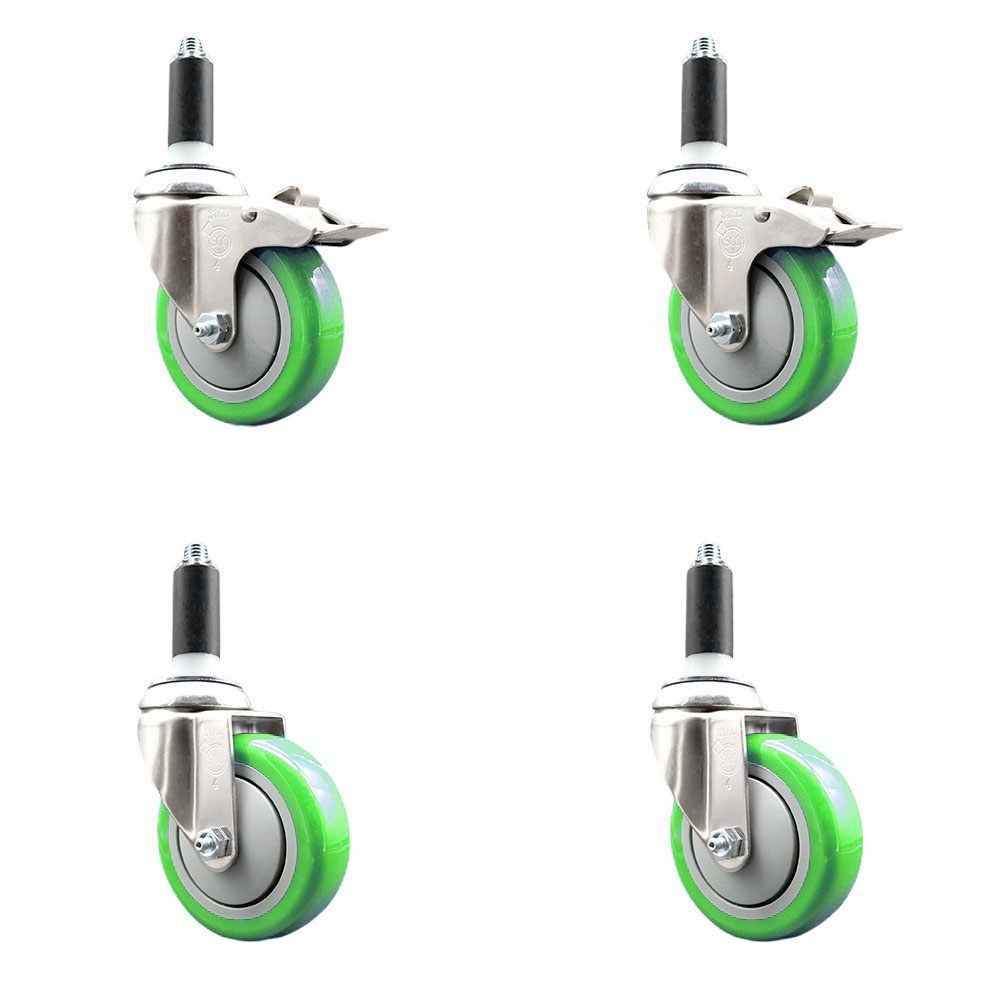Polyurethane Swivel Stem Caster with 4 in. Green Caster Wheels, 1 in. Expanding Stem - 316 Stainless Steel Casters - Set of 4