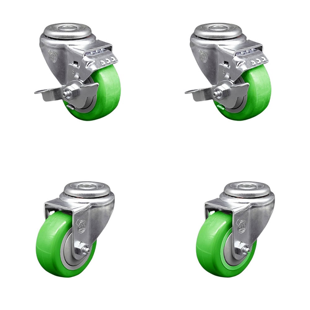 SCC-SSBH20S314-PPUB-GRN-TLB-2-S-2 Stainless Steel Polyurethane Swivel Bolt Hole Caster with 3 x 1.25 in. Green Wheels - Set of 4