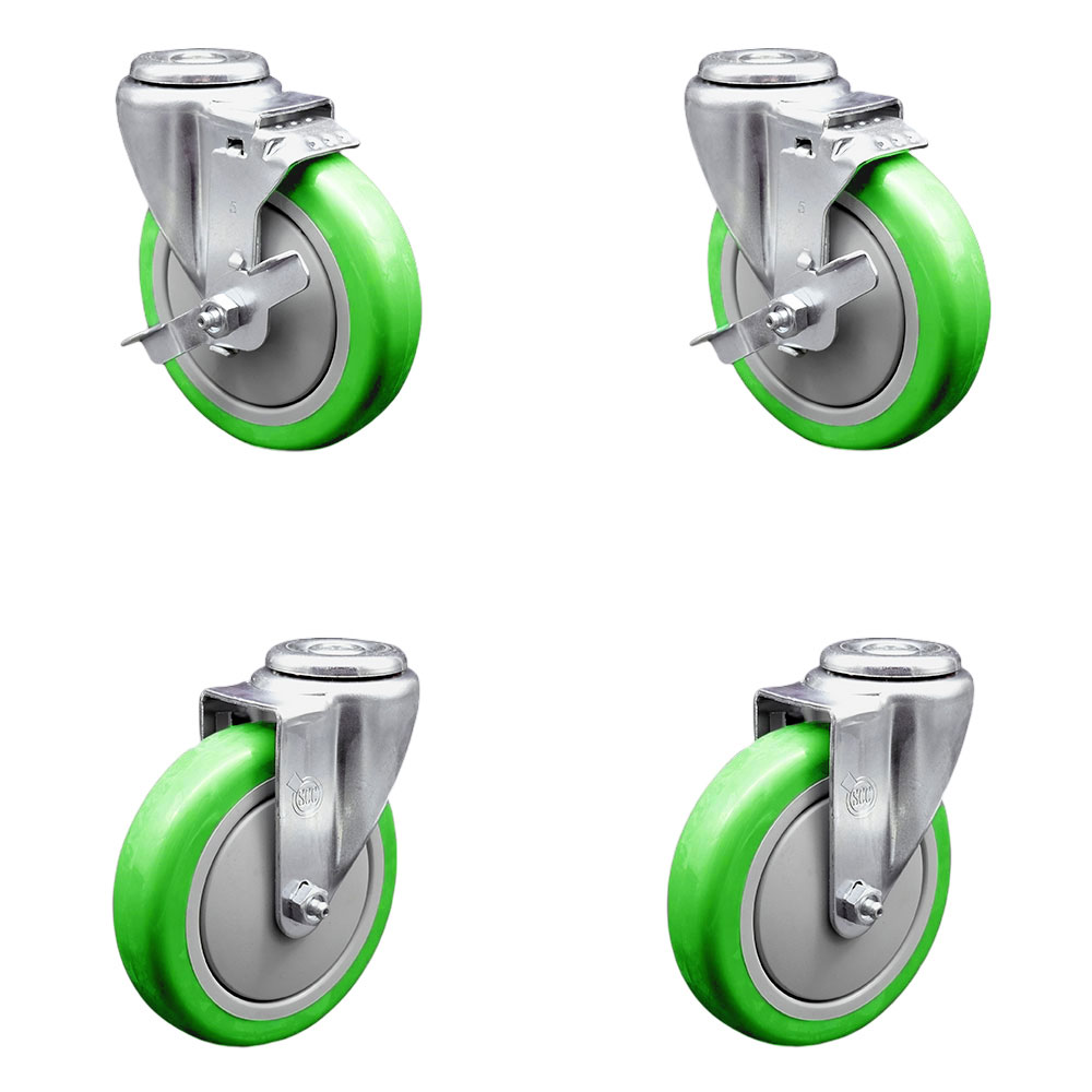 SCC-SSBH20S514-PPUB-GRN-TLB-2-S-2 Stainless Steel Polyurethane Swivel Bolt Hole Caster with 5 x 1.25 in. Green Wheels - Set of 4