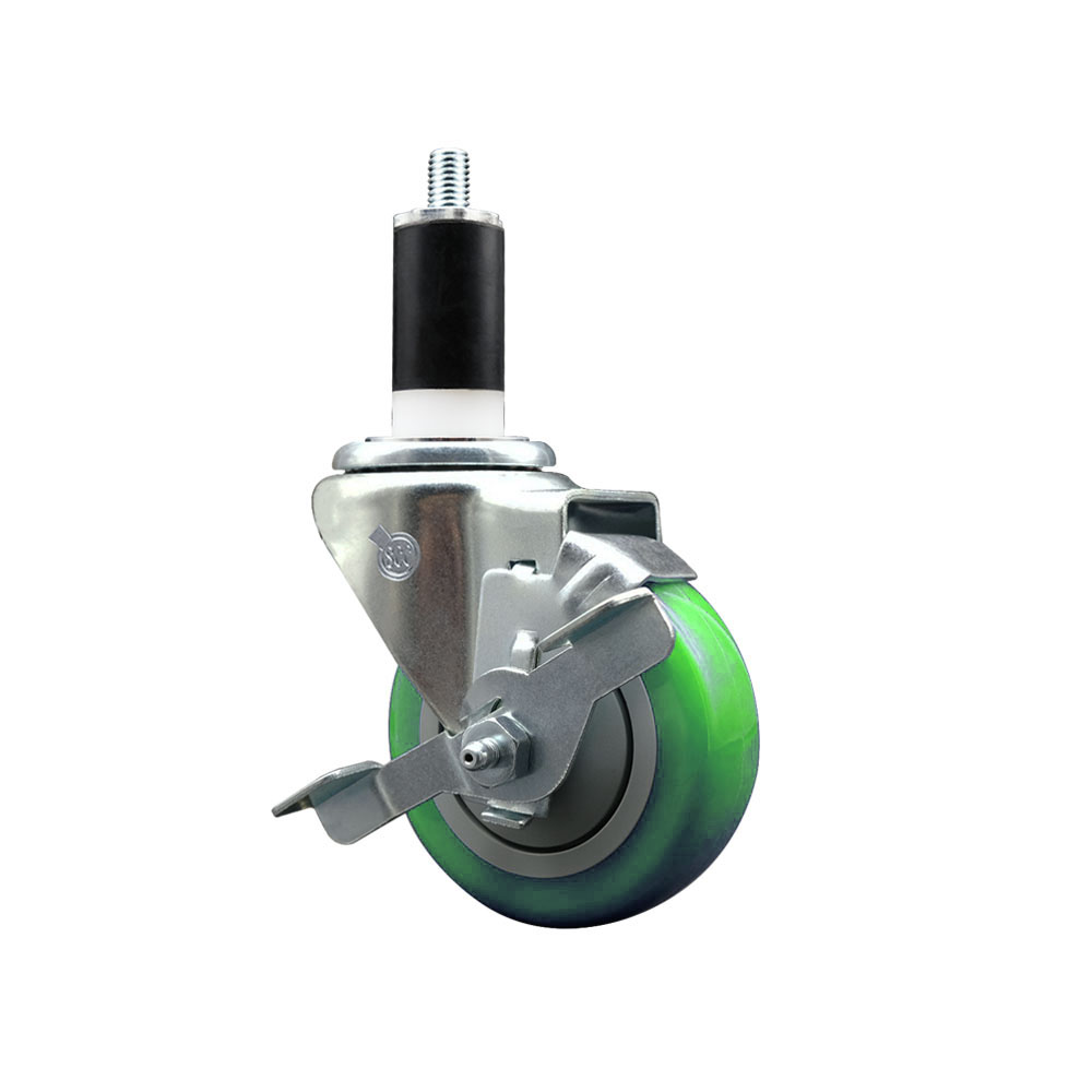 Stainless Steel Polyurethane Expanding Stem Swivel Caster with 3.5 in. Green Wheel & 1.38 in. Stem & Top Locking Brake