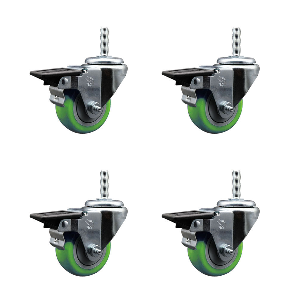 SCC-TS20S314-PPUB-GRN-PLB-34212-4 Polyurethane Swivel Threaded Stem Caster with 3 x 1.25 in. Green Wheels & 0.75 in. Stems - Set of 4