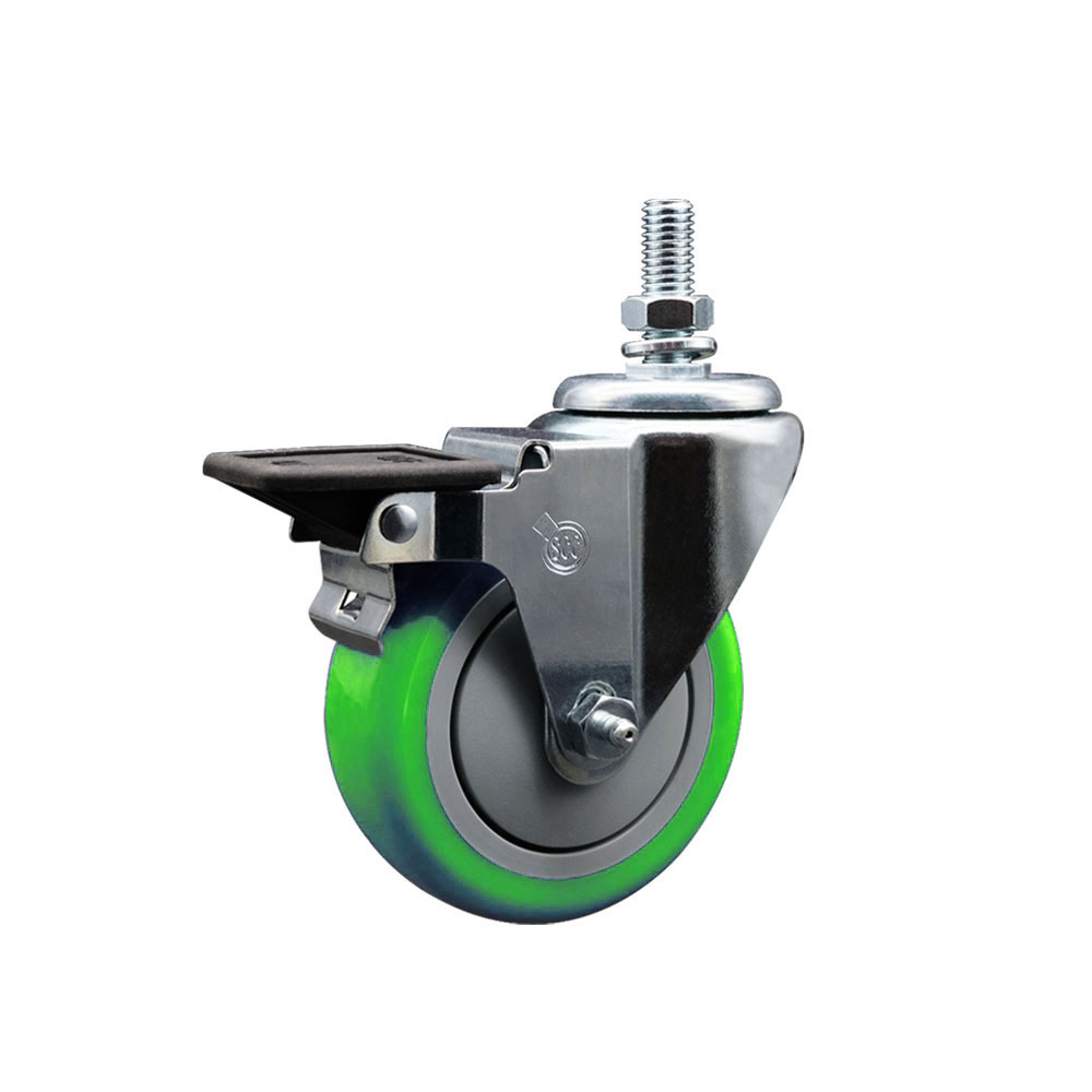 SCC-TS20S414-PPUB-GRN-PLB-121315 Polyurethane Swivel Threaded Stem Caster with 4 x 1.25 in. Green Wheel & 0.5 in. Stem & Posi Locking Brake
