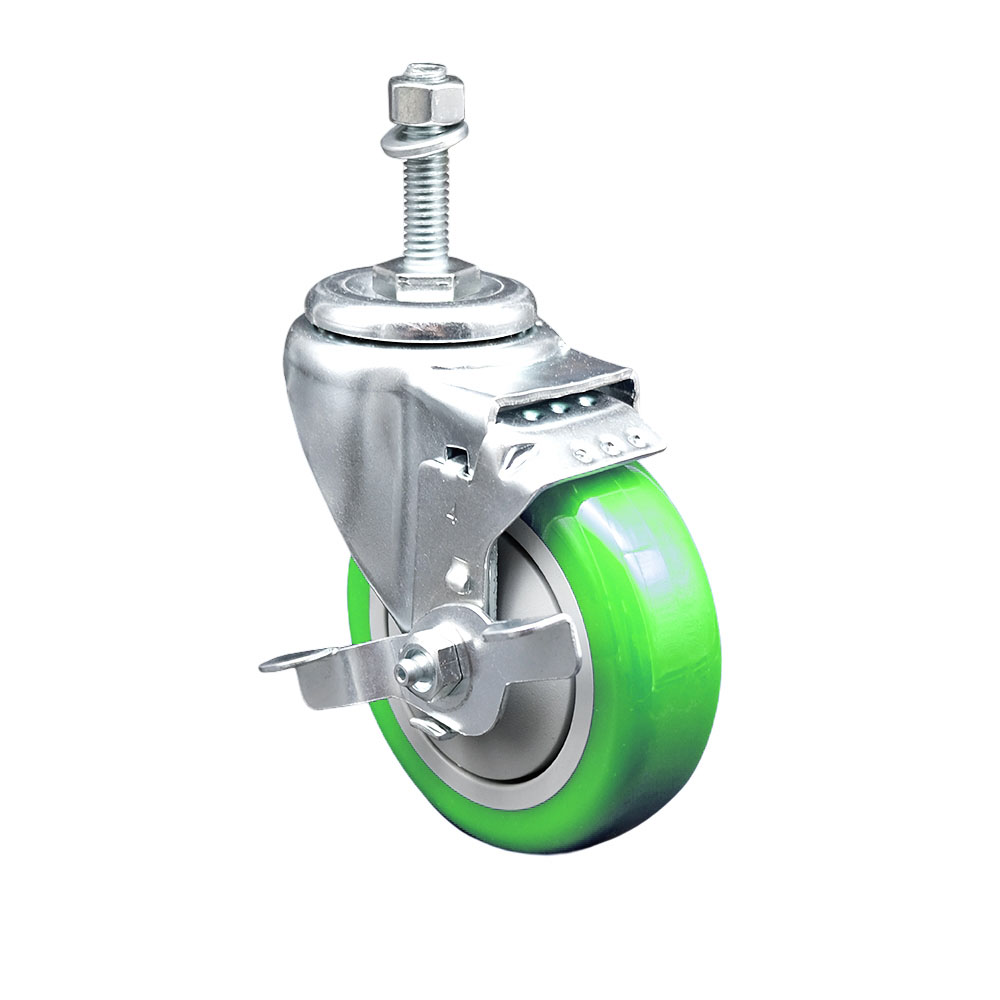 SCC-TS20S414-PPUB-GRN-TLB-381615 Polyurethane Swivel Threaded Stem Caster with 4 x 1.25 in. Green Wheel & 0.38 in. Stem & Top Locking Brake