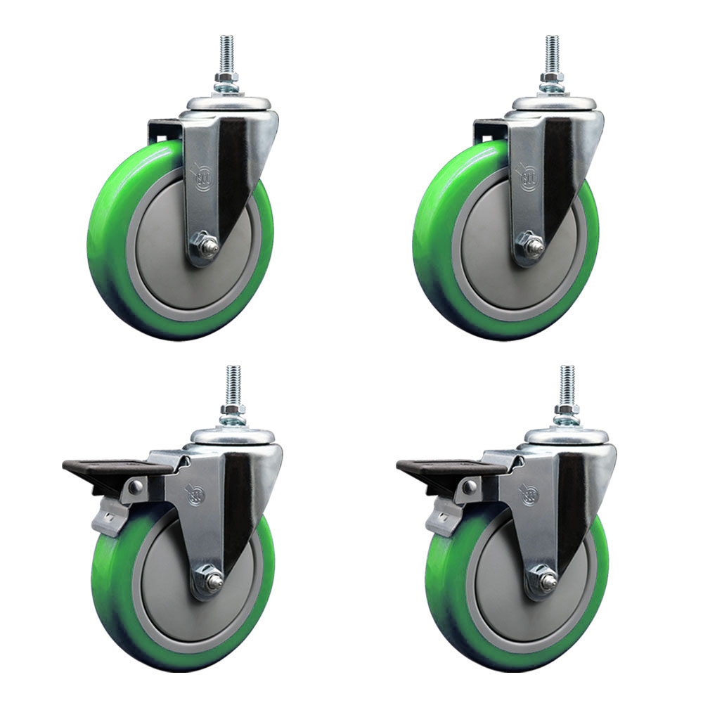 SCC-TS20S514-PPUB-GRN-M1215-2-PLB-2 Polyurethane Swivel Threaded Stem Caster with 5 x 1.25 in. Green Wheels & 12 mm Stems - Set of 4