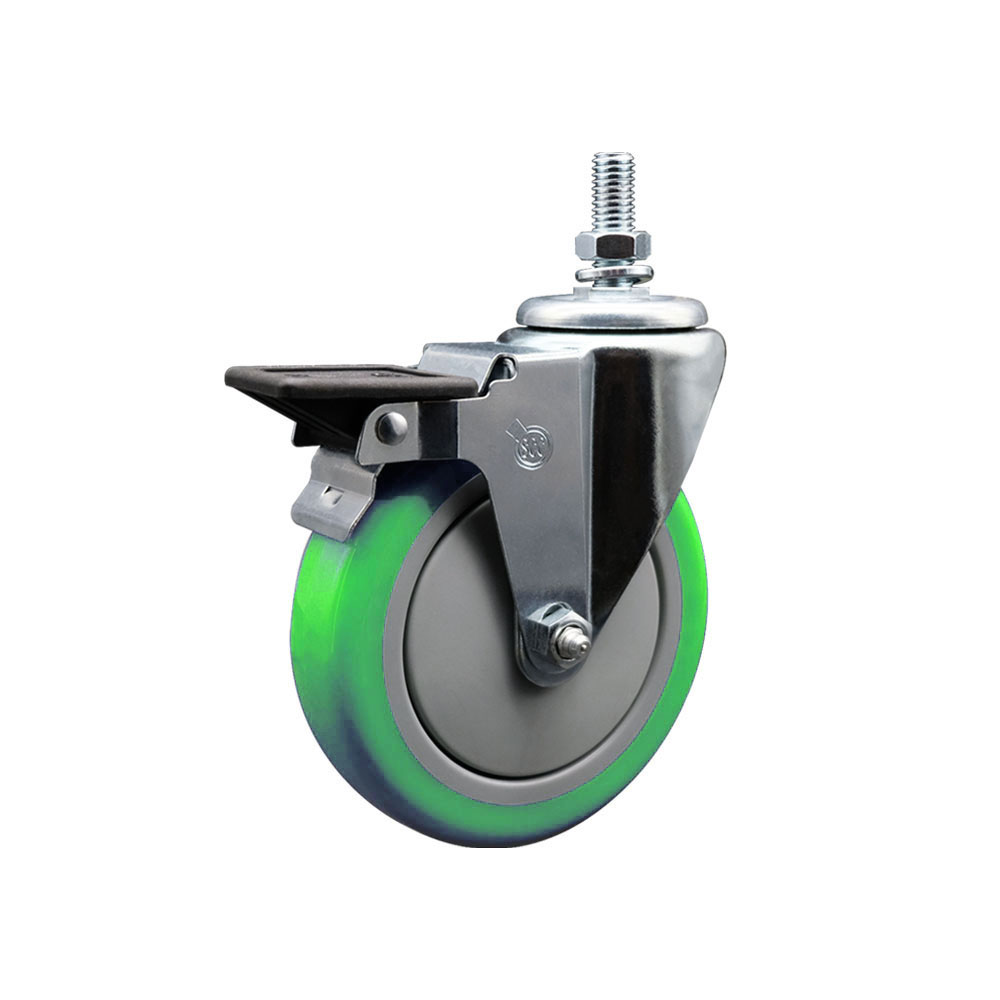 SCC-TS20S514-PPUB-GRN-PLB-M1015 Polyurethane Swivel Threaded Stem Caster with 5 x 1.25 in. Green Wheel & 10 mm Stem & Posi Locking Brake