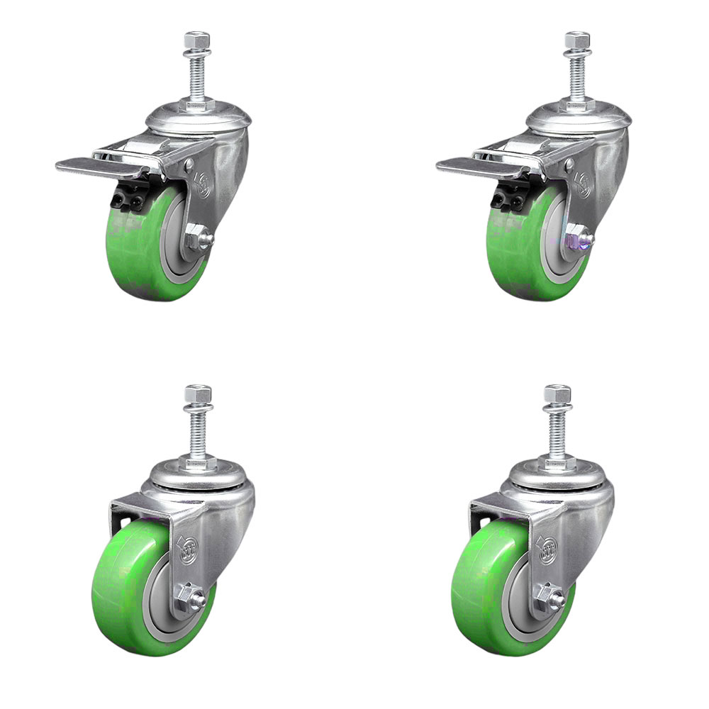 SCC-TSTTL20S314-PPUB-GRN-381615-2-S-2 Polyurethane Swivel Threaded Stem Caster with 3 x 1.25 in. Green Wheels & 0.38 in. Stems - Set of 4