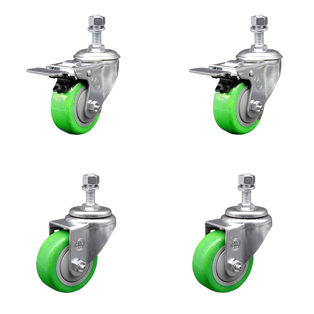 SCC-TSTTL20S314-PPUB-GRN-M1215-2-S-2 Polyurethane Swivel Threaded Stem Caster with 3 x 1.25 in. Green Wheels & 12 mm Stems - Set of 4