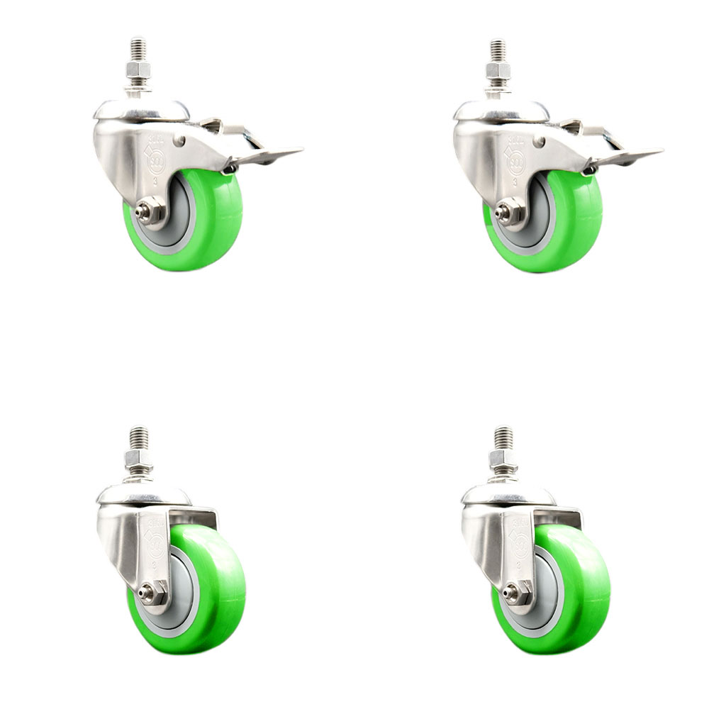 Poly Swivel Stem Caster with 3.5 in. Green Caster Wheels, 0.38 in. Threaded Stems - 316 Stainless Steel Casters - Set of 4