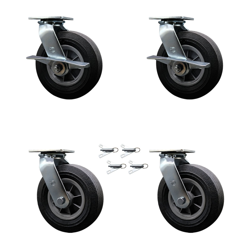 SCC-100S825-SNB-SLB-BSL-2-BSL2 8 in. Swivel Semi Pneumatic Solid Rubber Wheel Casters, Black - Set of 4