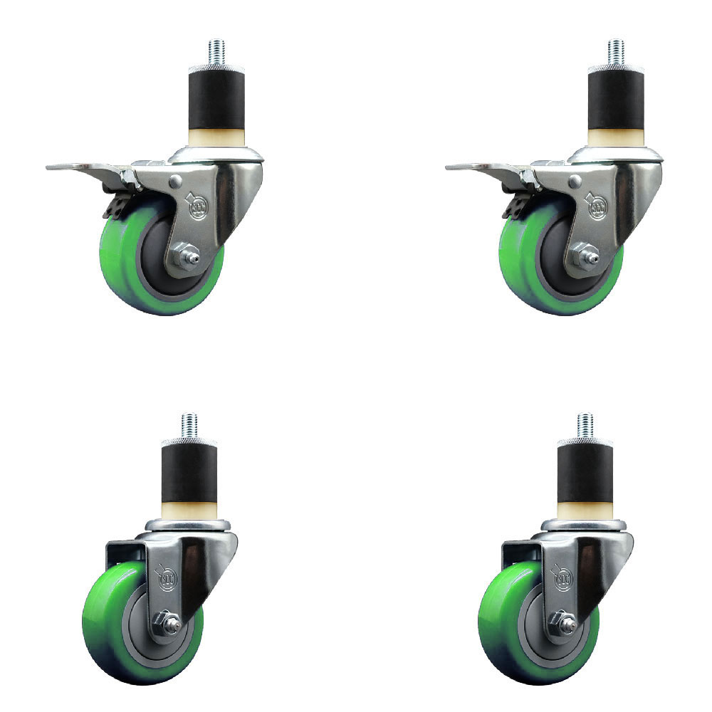 SCC-SSEXTTL20S314-PPUB-GRN-2-S-2-178 Stainless Steel Polyurethane Swivel Expanding Stem Caster with 3 in. Green Wheels & 1.87 in. Stems - Set of 4