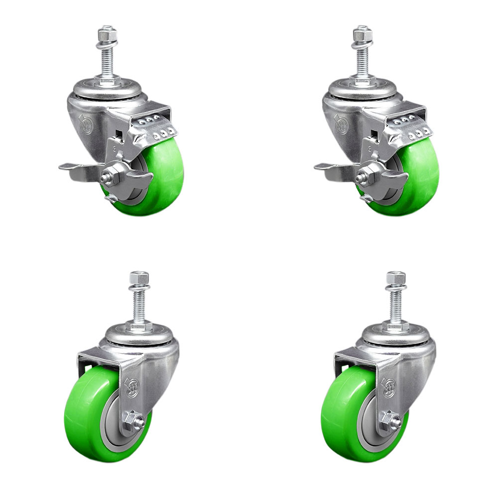 Stainless Steel Polyurethane Swivel Threaded Stem Caster with 3 x 1.25 in. Green Wheels & 10 mm Stems - Set of 4