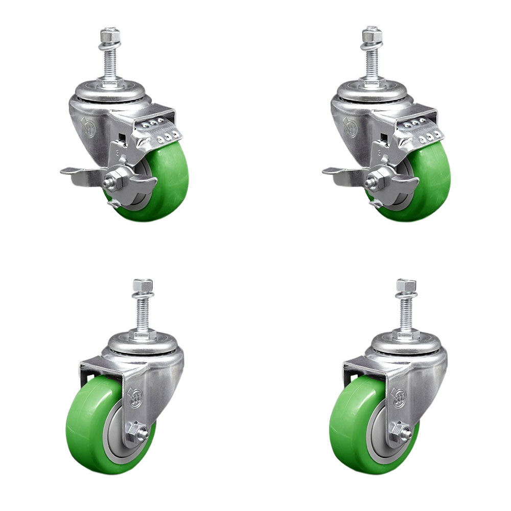 Stainless Steel Polyurethane Swivel Threaded Stem Caster with 3.5 x 1.25 in. Green Wheels & 10 mm Stems - Set of 4