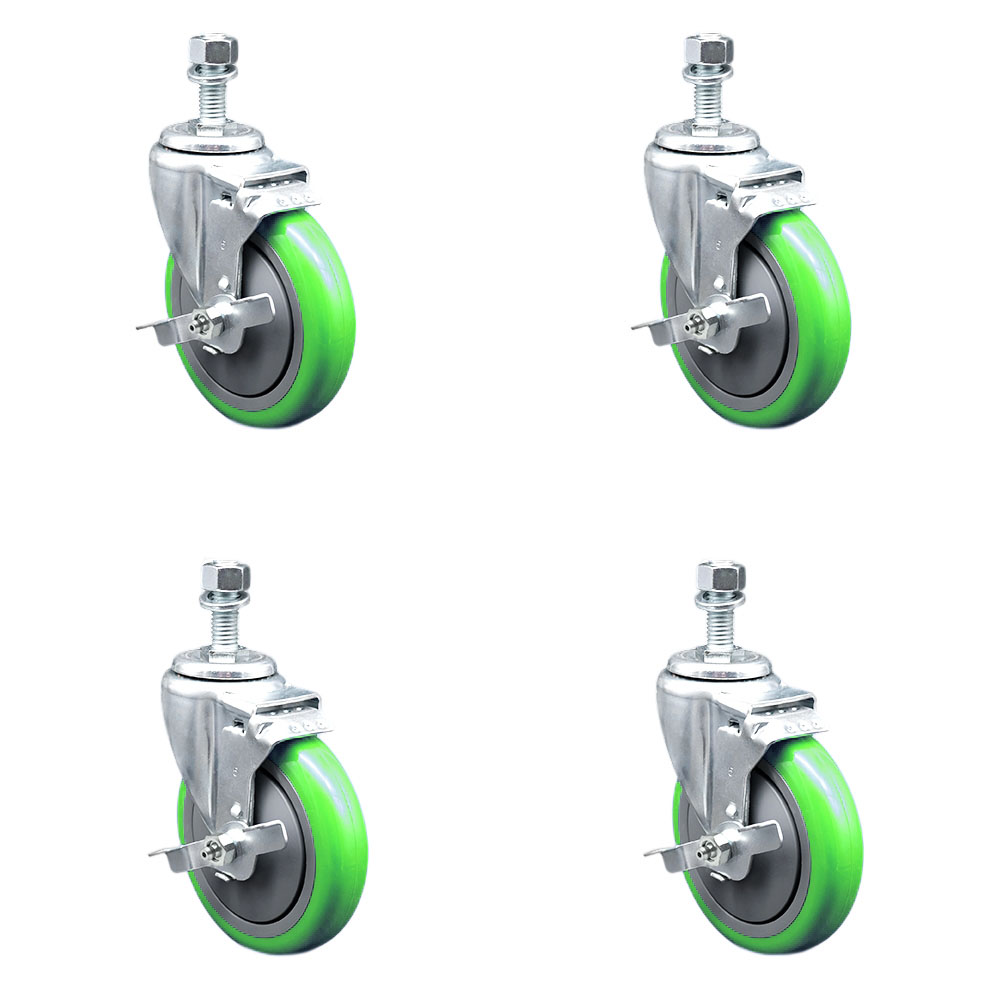 Stainless Steel Polyurethane Swivel Threaded Stem Caster with 5 x 1.25 in. Green Wheels & 0.5 in. Stems - Set of 4