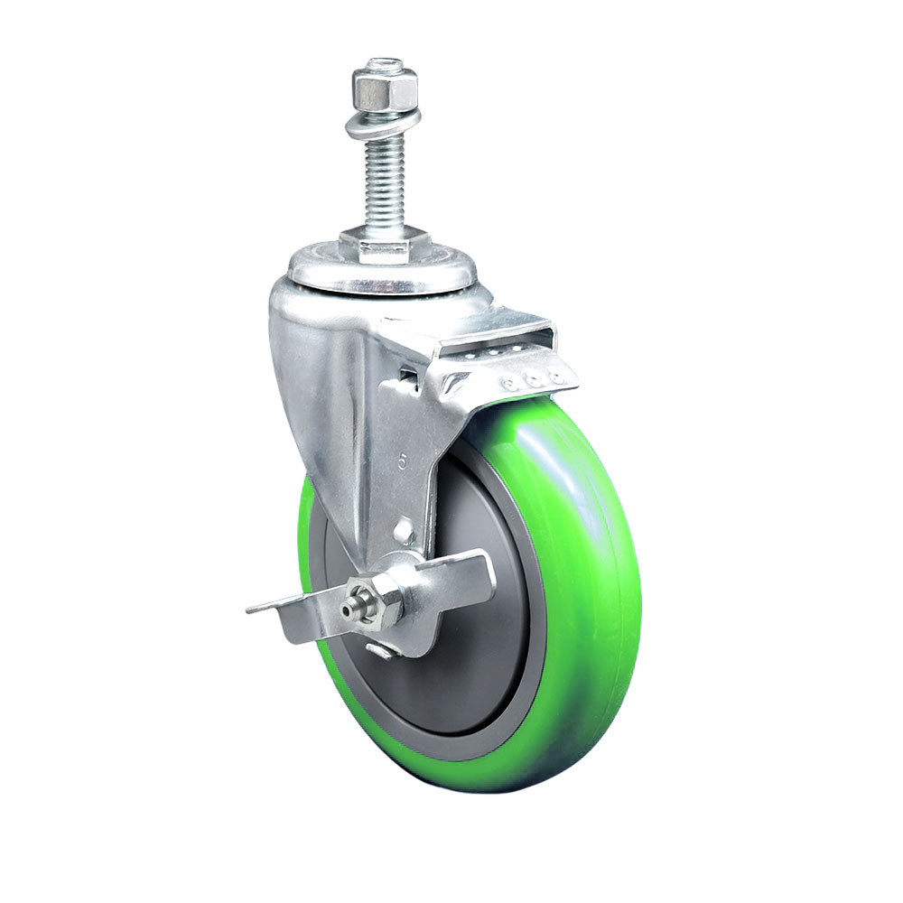 Stainless Steel Polyurethane Swivel Threaded Stem Caster with 5 x 1.25 in. Green Wheel & 0.38 in. Stem & Top Locking Brake