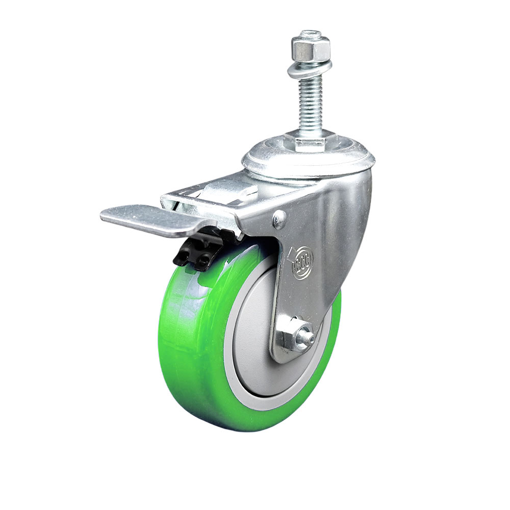 Stainless Steel Polyurethane Swivel Threaded Stem Caster with 4 x 1.25 in. Green Wheel & 0.38 in. Stem & Total Locking Brake