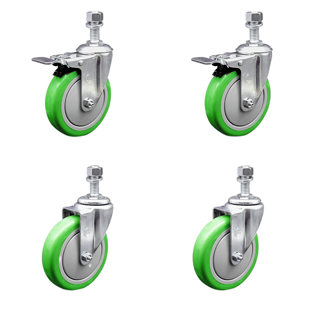Stainless Steel Polyurethane Swivel Threaded Stem Caster with 5 x 1.25 in. Green Wheels & 0.5 in. Stems - Set of 4