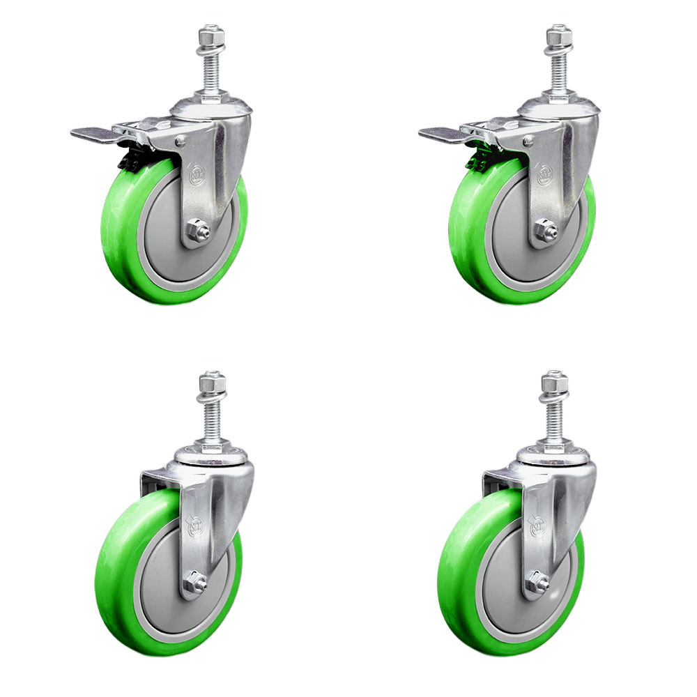 Stainless Steel Polyurethane Swivel Threaded Stem Caster with 5 x 1.25 in. Green Wheels & 10 mm Stems - Set of 4