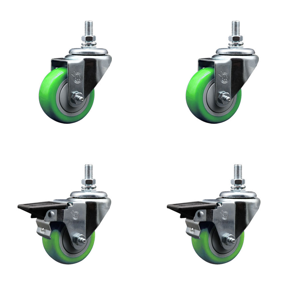 SCC-TS20S314-PPUB-GRN-M1015-2-PLB-2 Polyurethane Swivel Threaded Stem Caster with 3 x 1.25 in. Green Wheels & 10 mm Stems - Set of 4