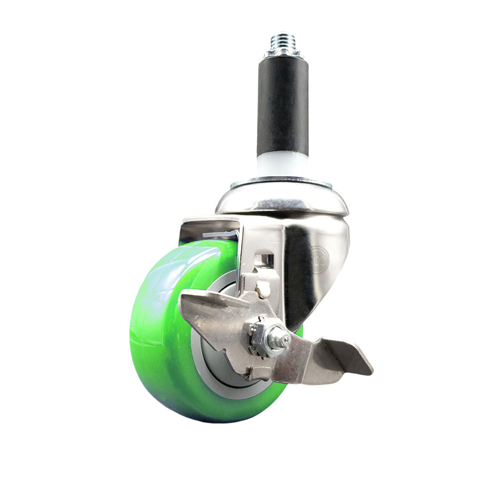 Polyurethane Swivel Stem Caster with 3 in. Green Caster Wheels & Top Lock Brake, 1 in. Expanding Stem - 316 Stainless Steel Caster