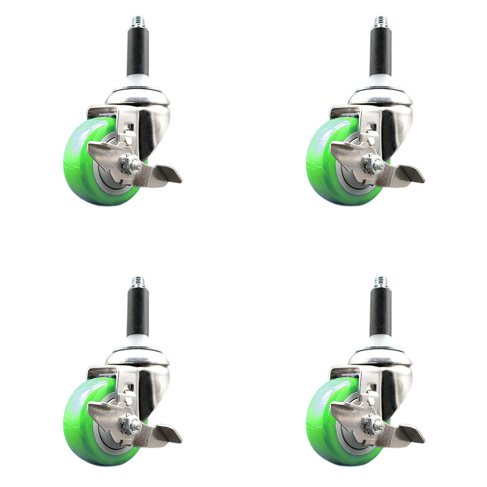 Polyurethane Swivel Stem Caster with 3 in. Green Caster Wheels, 0.75 in. Expanding Stems - 316 Stainless Steel Casters - Set of 4