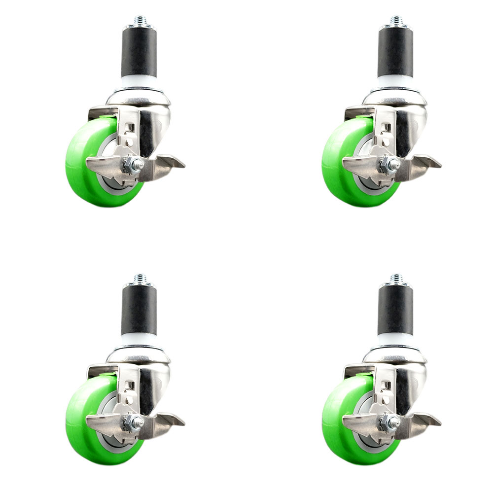 Polyurethane Swivel Stem Caster with 3.5 in. Green Caster Wheels, 1.63 in. Expanding Stems - 316 Stainless Steel Casters - Set of 4