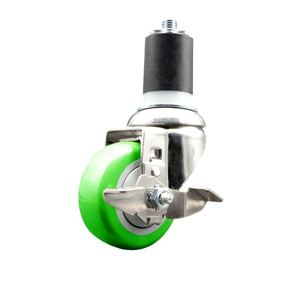 Polyurethane Swivel Stem Caster with 3.5 in. Green Caster Wheels & Top Lock Brake, 1.87 in. Expanding Stem - 316 Stainless Steel Caster