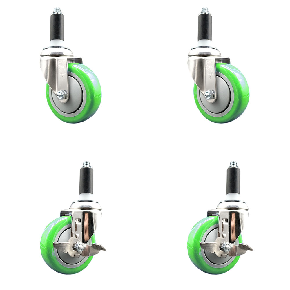 Polyurethane Swivel Stem Caster with 4 in. Green Caster Wheels, 1.13 in. Expanding Stems - 316 Stainless Steel Casters - Set of 4