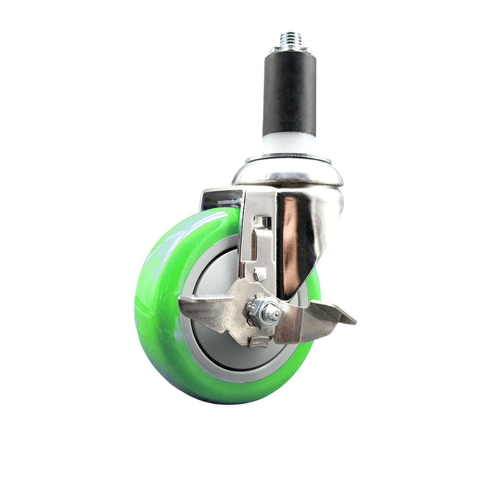 Polyurethane Swivel Stem Caster with 4 in. Green Caster Wheels & Top Lock Brake, 1.38 in. Expanding Stem - 316 Stainless Steel Caster